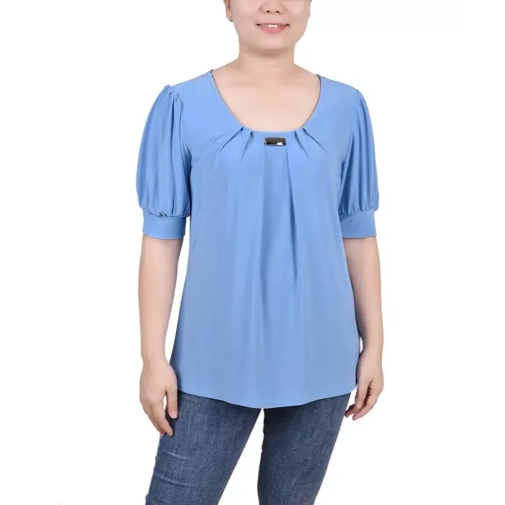 NY Collection Notations Petite Short  Balloon Sleeve Top, Silver Lake Blue, PXL